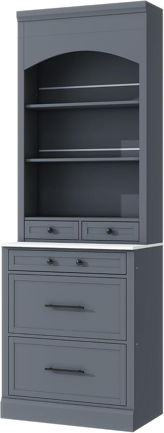 84' Freestanding Storage Cabinet with 5 Drawers, Kitchen Storage Bakers Rack with Faux Marble Top, Utility Food Cupboard with Adjustable Shelf for Kitchen Dining Room, Gray