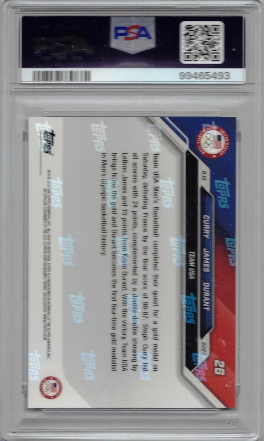 2024 Topps Now Olympics #26 Stephen (Steph) Curry LeBron James Kevin Durant Team USA Gold Medal Basketball Card Graded PSA 10 Gem Mint