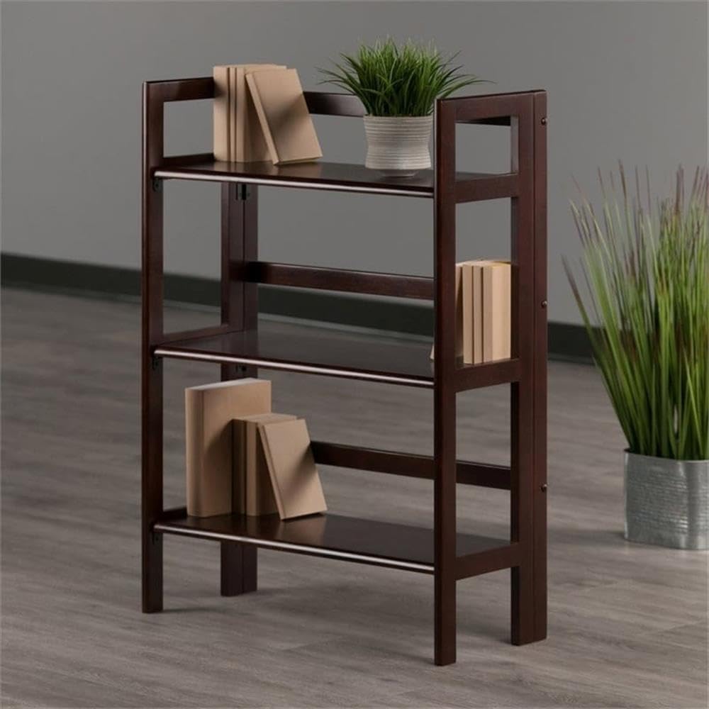 Pemberly Row 3-Tier Solid Wood Folding Book Shelf, Antique Walnut Finish, 38.54 in Height, Transitional Style for Home Office, Bathroom, or Kids Room Storage