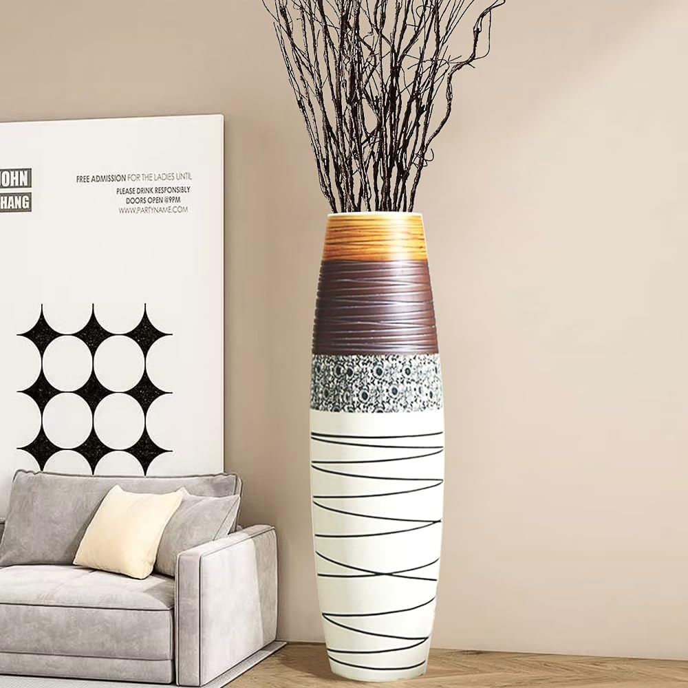 Tall Floor Vase 32 inches, Handmade Large Ceramic Rustic Vases for Home Decor Living Room, Boho Textured Decorative Vases Wide Mouth Opening Corner Vase for Pampas Grass