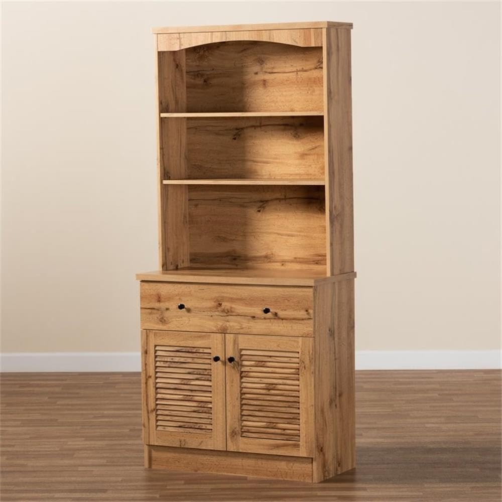 BOWERY HILL Wood Buffet and Hutch, 70.2 in x 31.5 in x 15.75 in, Oak Brown Finish, Engineered Wood Construction, 3 Open Shelves, Drawer and Storage Cabinet, Kitchen or Dining Room Storage Unit