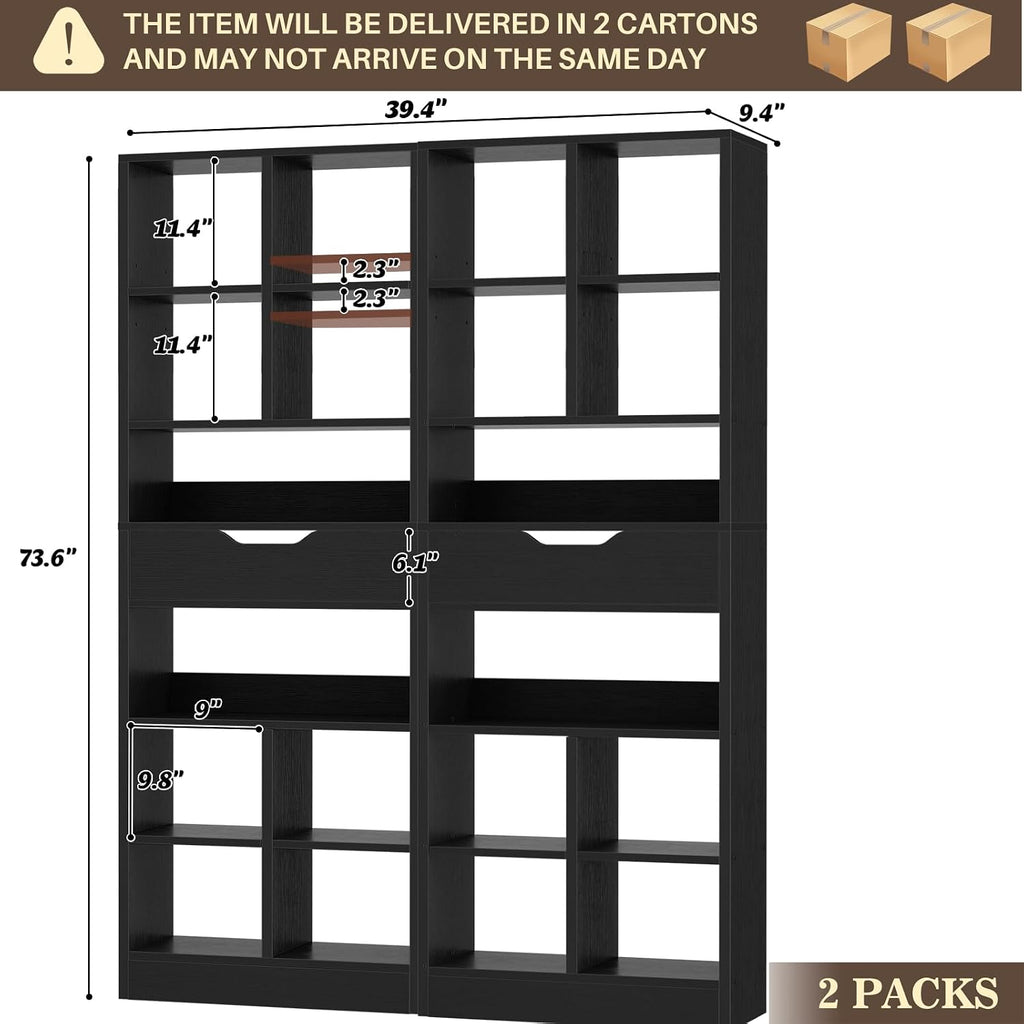 Armocity 16-Tier Tall Bookshelf Set of 2, 73.6' Narrow Freestanding Bookcase with 2 Drawers, Space-Saving Wood Display Shelves Storage for Living Room, Home Office Bedroom, Black