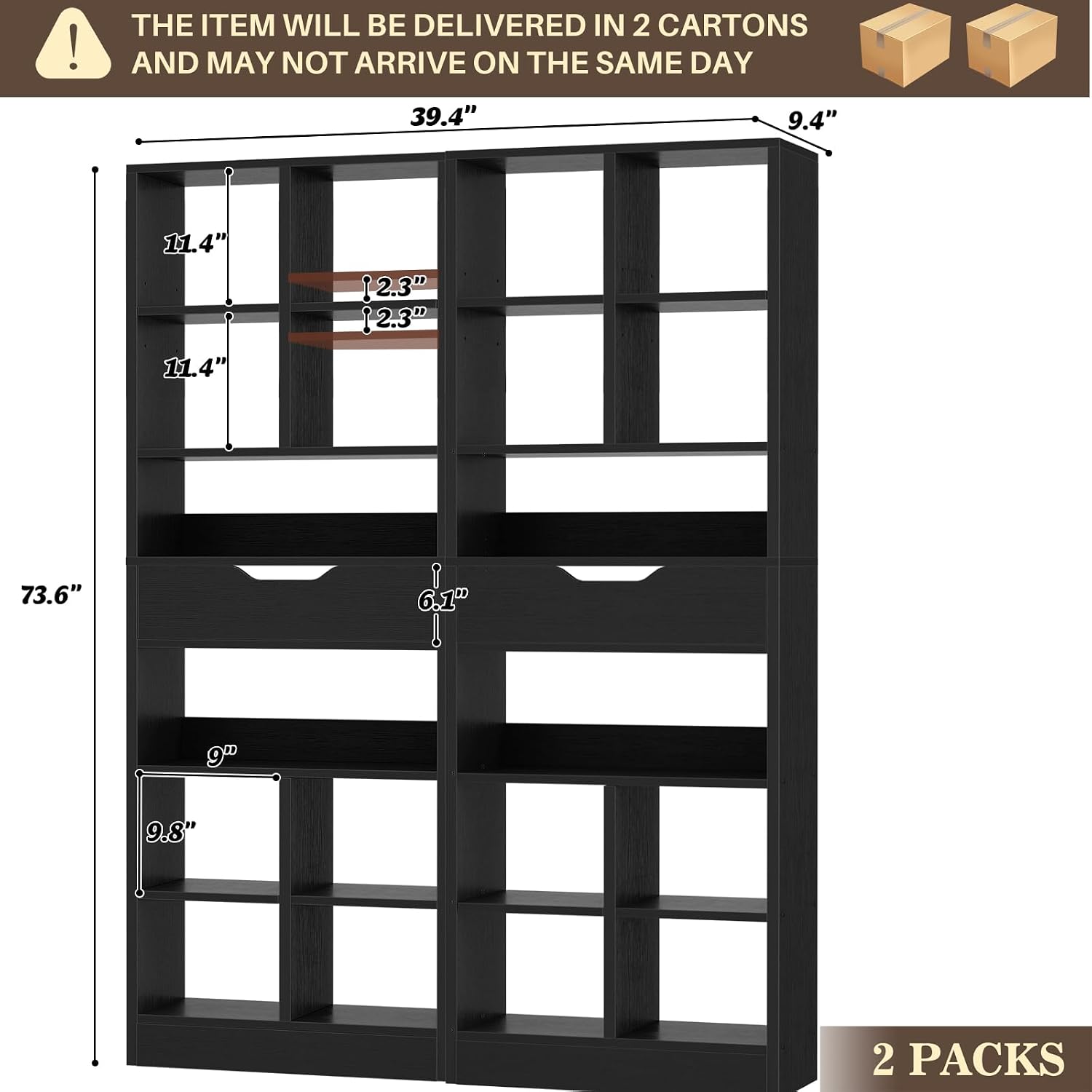 Armocity 16-Tier Tall Bookshelf Set of 2, 73.6' Narrow Freestanding Bookcase with 2 Drawers, Space-Saving Wood Display Shelves Storage for Living Room, Home Office Bedroom, Black