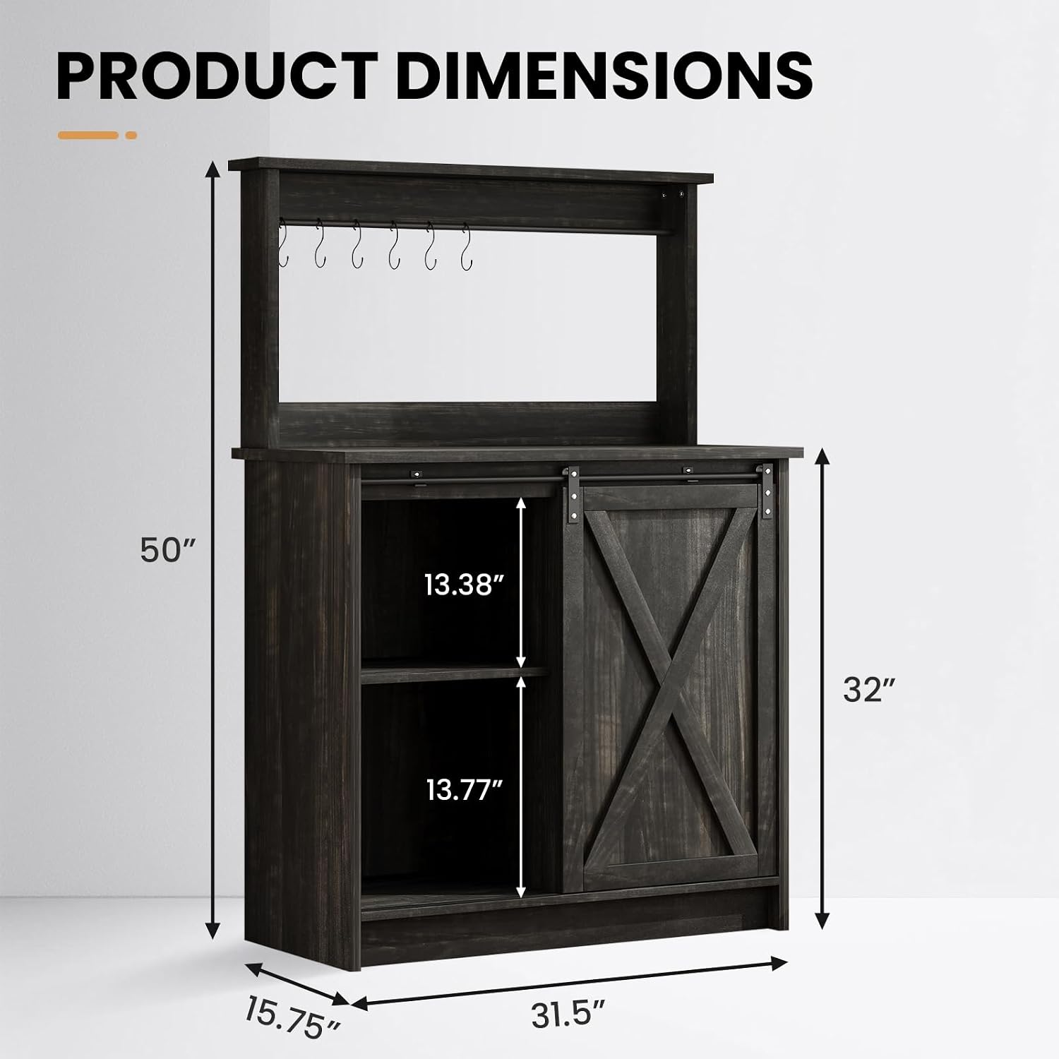 4ever2buy Farmhouse Coffee Bar Cabinet with Hutch, 31 Inch Coffee Bar Hutch with Sliding Barn Door & 6 Hooks for Living Dining Room, Dark Oak | Sliding Barn Door