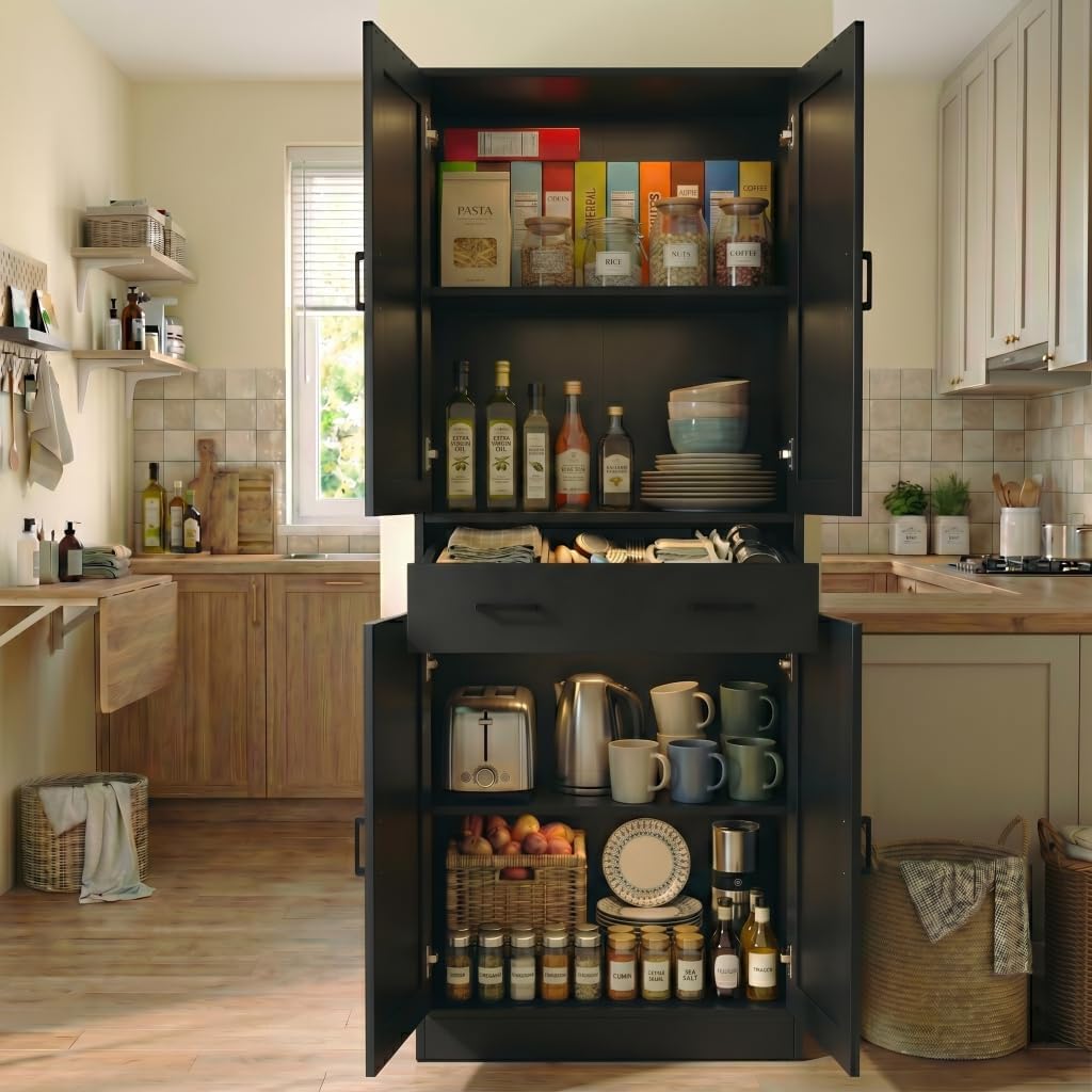 DIYART 71' Tall Kitchen Pantry Cabinet, Freestanding Food Storage Cupboard with Drawer and 4 Doors, Large Black Utility Floor Cabinet with Adjustable Shelves for Dining Room, Breakroom, Home Office