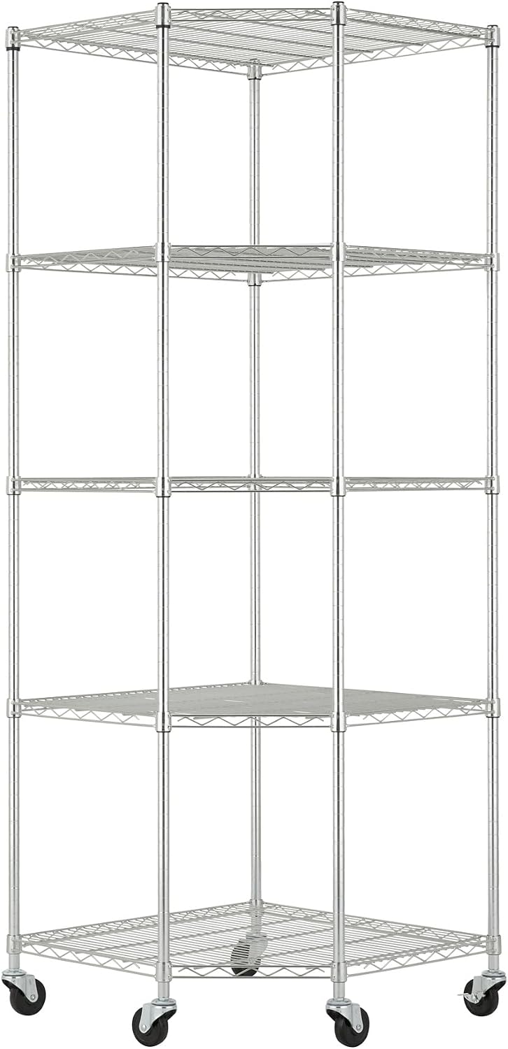 5-Tier Adjustable Wire Shelving with Wheels, Corner Wire Shelf Rack for Kitchen Organization, Garage Storage, 400 to 2000lb Capacity, NSF Certified, 27'x27 x18'x72', EcoStorage Chrome