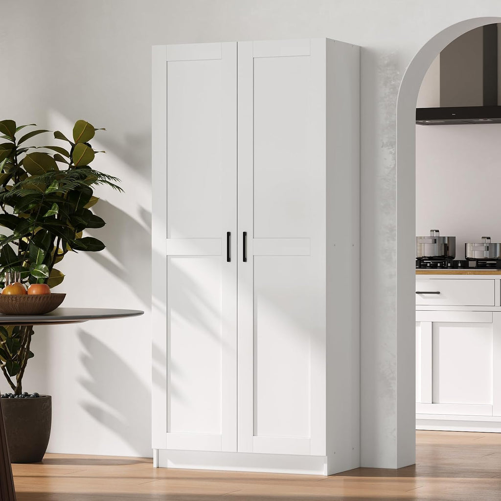 White Tall Kitchen Pantry Cabinet Organizers and Storage with Doors and Adjustable Shelves，Wood Large Gabinetes Para Cocina Office Bookshelf for Laundry Room Cabinets (31.5'W*15.7'D*71'H)