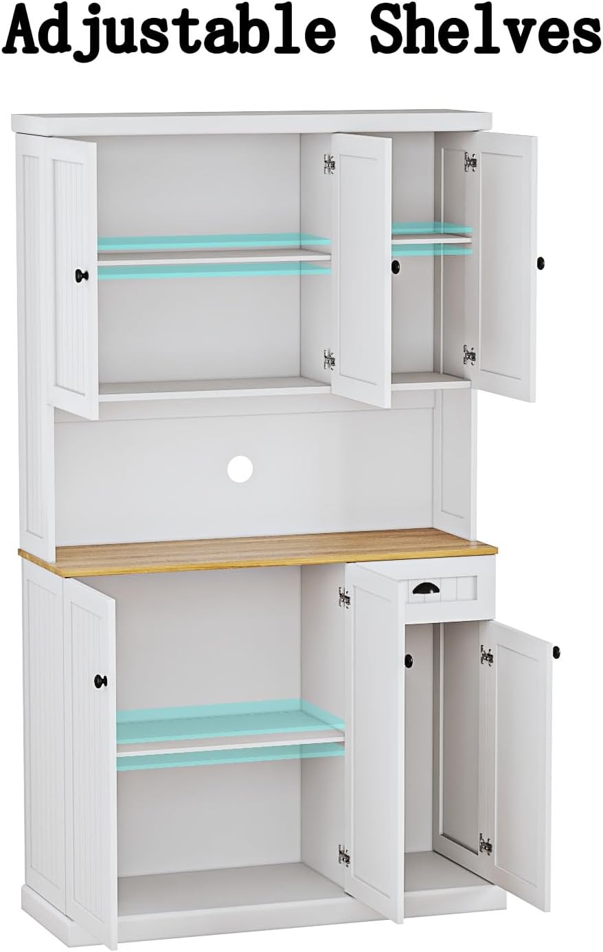 RASOO Buffet Hutch Cabinet Kitchen Sideboard Pantry Cabinet Wood Kitchenware Server Kitchen Storage Microwave Cabinet with 3 Doors Upstairs and 3 Doors downstairs and 1 Drawer, White (R0086)