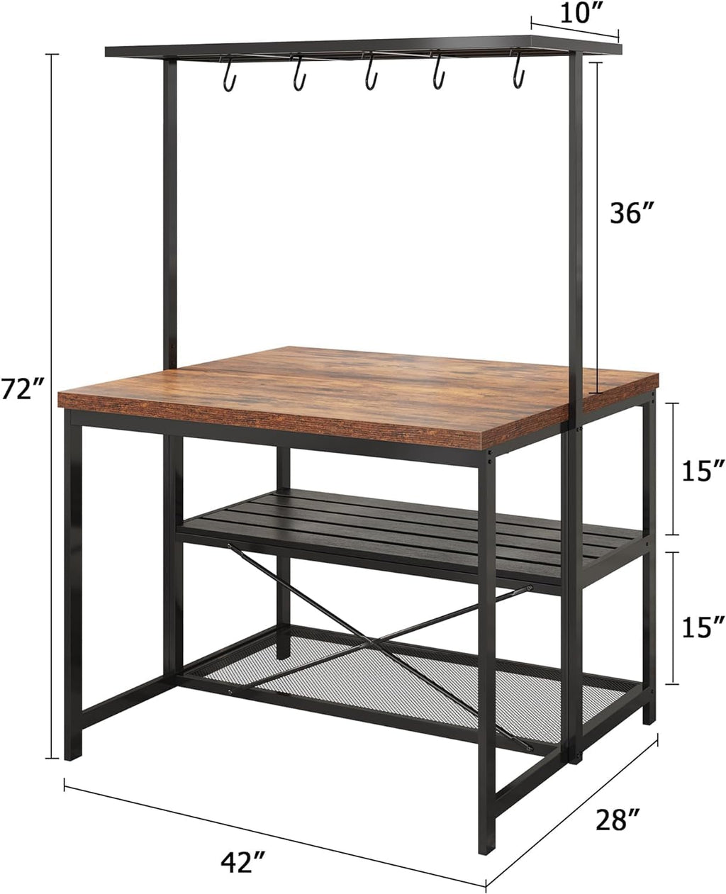 CABIHOME 42' Kitchen Island with Storage & Seating - 3-Tier Bakers Rack, Microwave Stand, Dining Table for 4, 5 Hooks & 50lb Capacity, Multi-Functional Island for Small Kitchens (Brown)