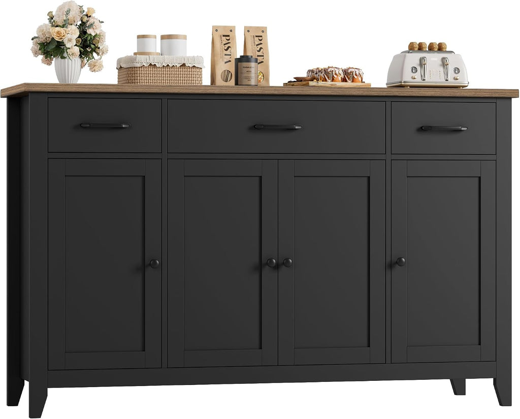 HORSTORS 55' Buffet Cabinet, Modern Farmhouse Sideboard Buffet with Drawers, Large Kitchen Storage Cabinet with Adjustable Shelves, Wood Coffee Bar for Kitchen, Dining Room, Living Room, Black