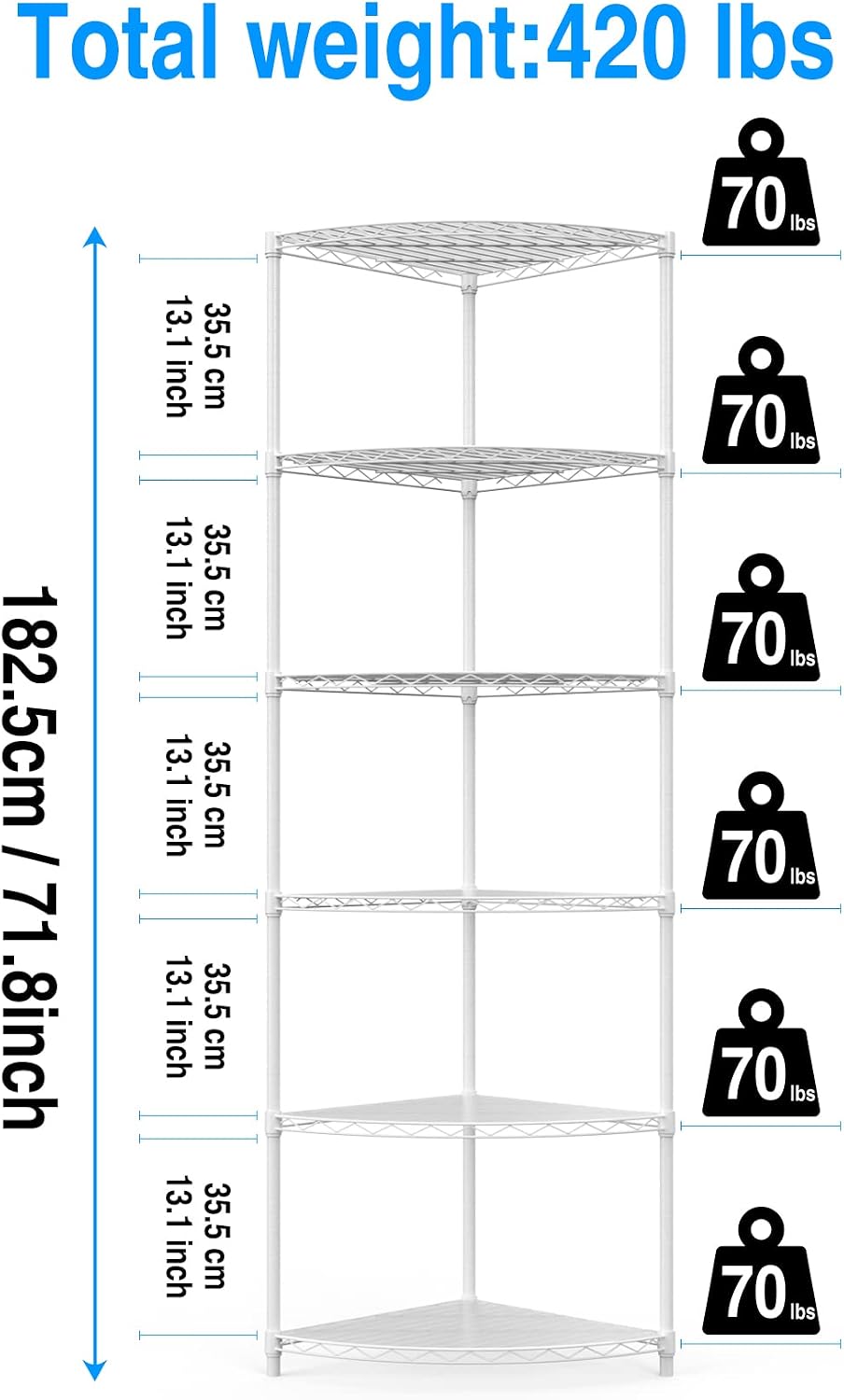 6 Tier NSF Corner Wire Shelf Shelving Unit, 18 x 18 x 72 Inch 420lbs Capacity Heavy Duty Adjustable Metal Storage Rack with Leveling Feet & Shelf Liners for Office Kitchen Bathroom and More - White
