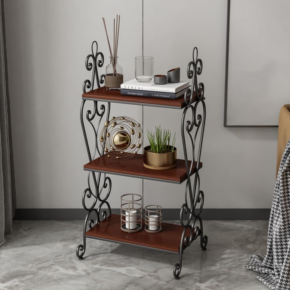 3-Tier Plant Shelf for Indoor,Rustic Wood Bookcase Shelf with Metal Frame,Rustic Storage Rack with Open Shelves for Living Room Bedroom and Balcony (Black Frame+ Brown Shelf)