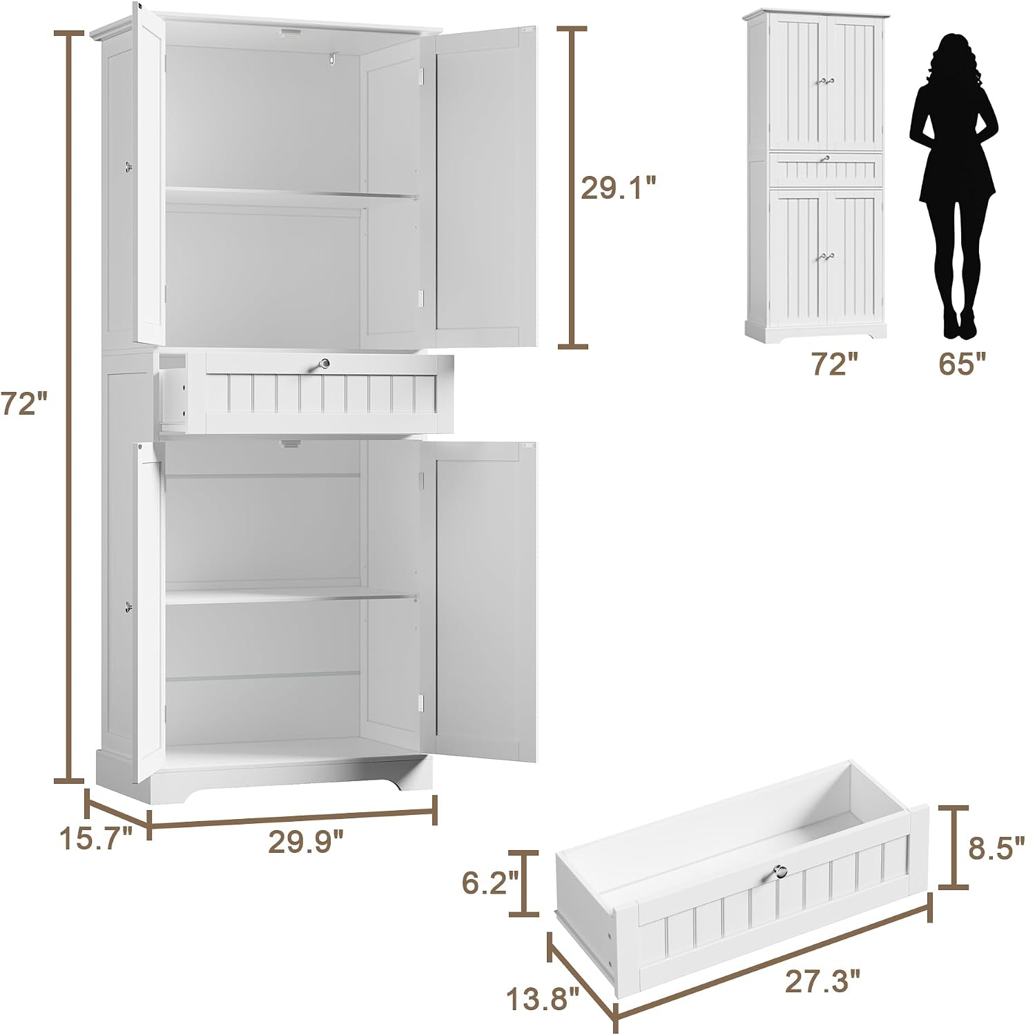 ChooChoo 72' H Tall Bathroom Floor Cabinet, Modern Bathroom Storage Cabinet with Drawer and Adjustable Shelves, Freestanding Kitchen Pantry Cupboard with 4 Doors for Living Room, White