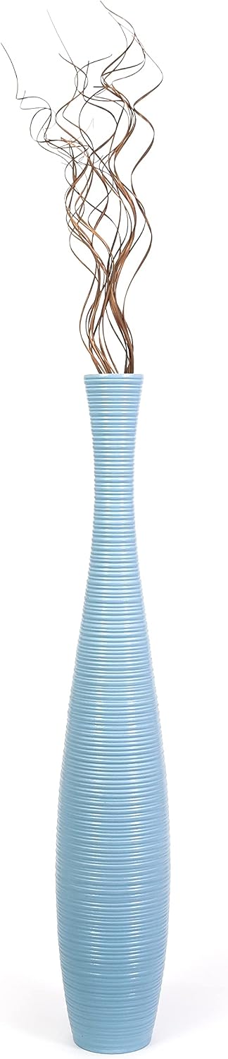 Leewadee Large Blue Home Decor Floor Vase - Wooden 34 inch Tall Farmhouse Decor Flower Holder for Fake Plant and Pampas Grass