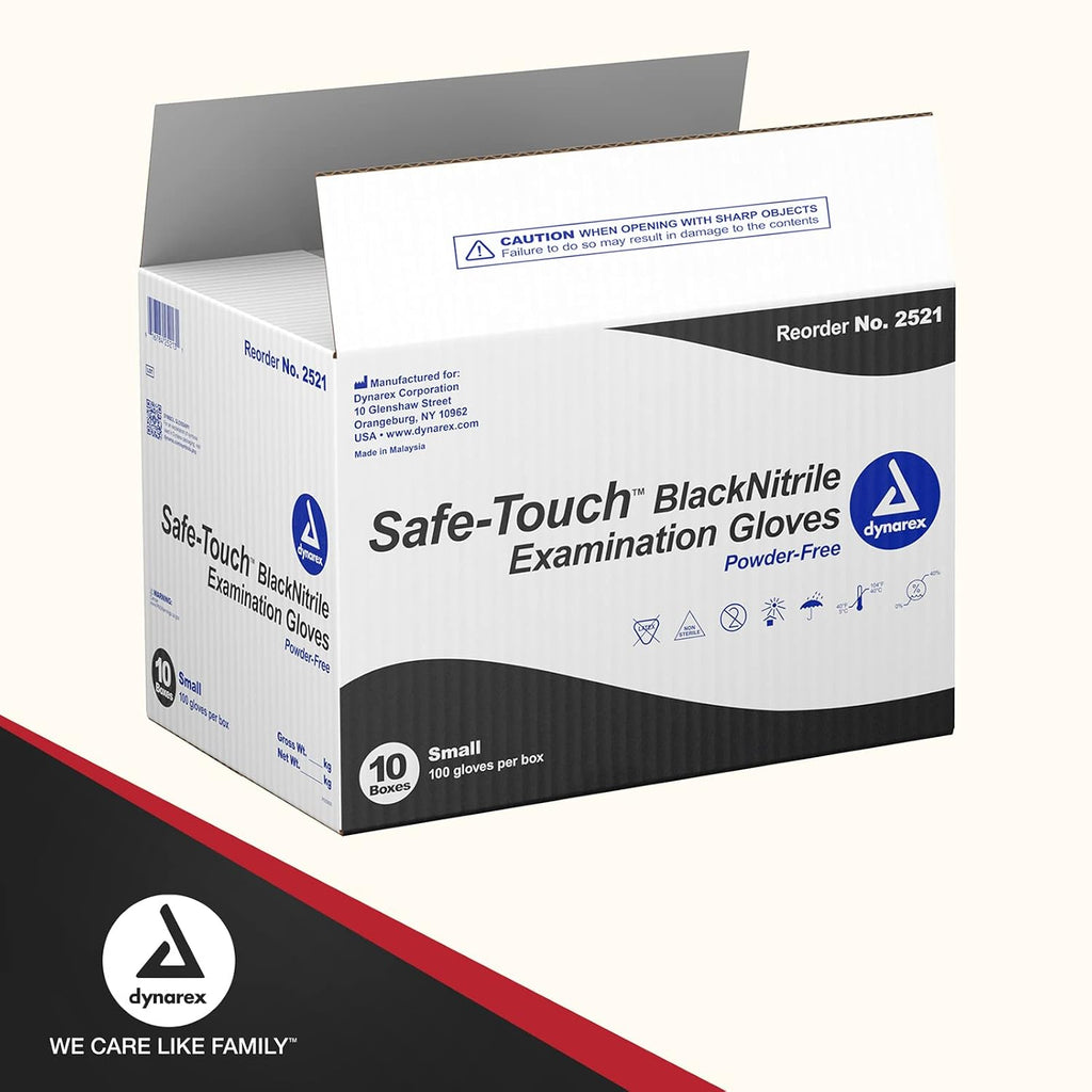 Dynarex Safe-Touch Black Disposable Nitrile Exam Gloves, Powder-Free, Used in Healthcare & Professional Settings, Law Enforcement, Tattoo, Salon or Spa, 1 Case Includes 10 Boxes of 100 Gloves (Small)