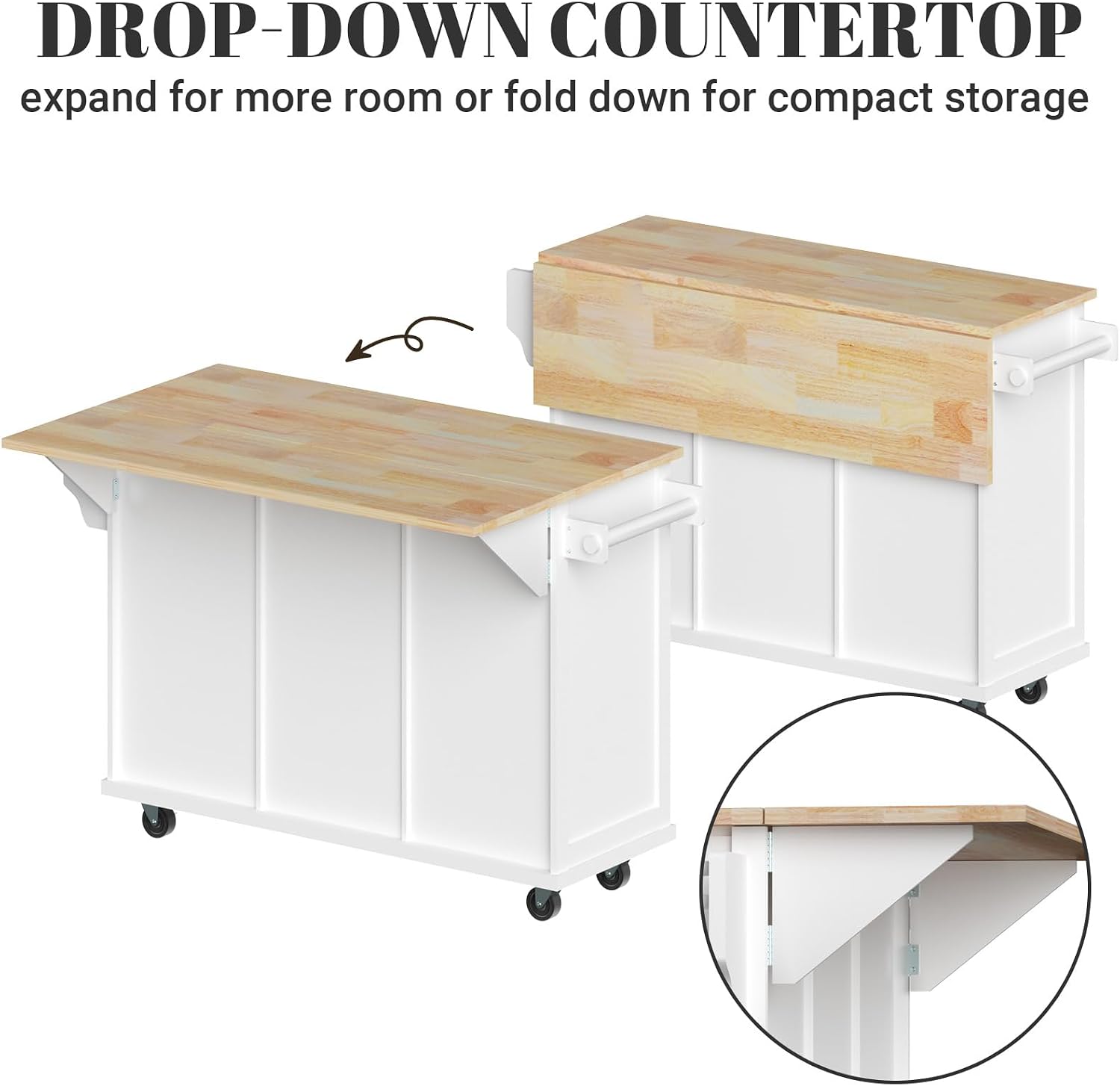 Rovibek Kitchen Island with Drawers 53 in Rolling Island Cart Mobile Portable Islands on Wheels Solid Wood Island with Storage Cabinet & Drawers, Bright White