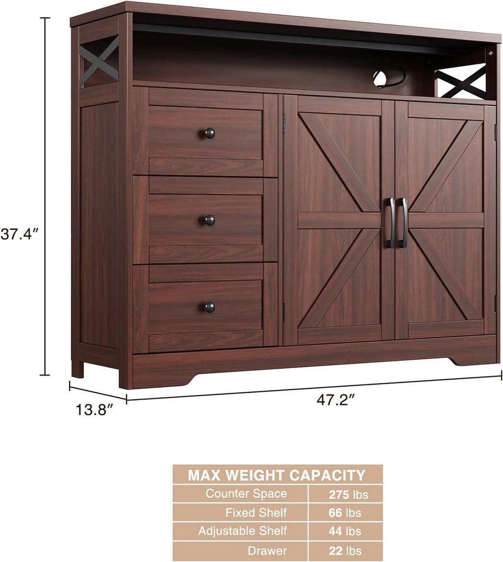 47' Dark Brown Farmhouse Storage Cabinet with Barn Doors and Drawers, Sideboard Buffet Cabinet with Storage, Kitchen Pantry Hutch, Coffee Bar Station Table for Kitchen, Living, Dining Room
