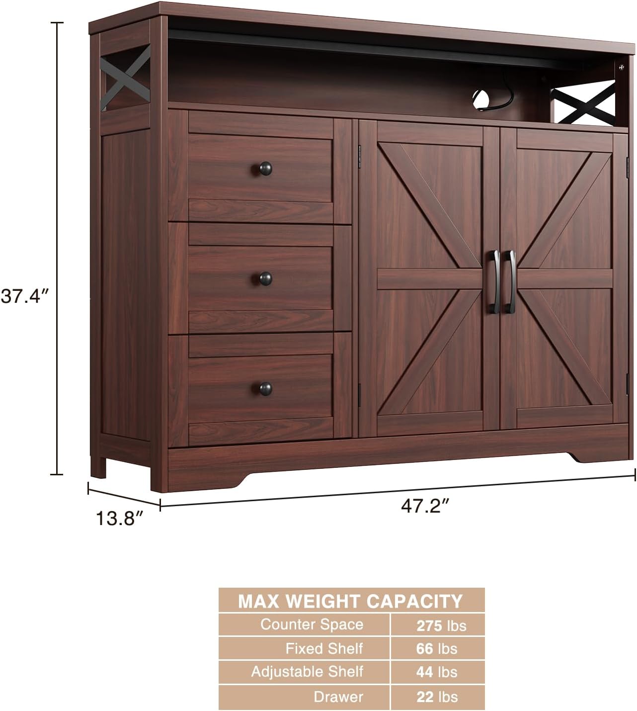 47' Dark Brown Farmhouse Storage Cabinet with Barn Doors and Drawers, Sideboard Buffet Cabinet with Storage, Kitchen Pantry Hutch, Coffee Bar Station Table for Kitchen, Living, Dining Room