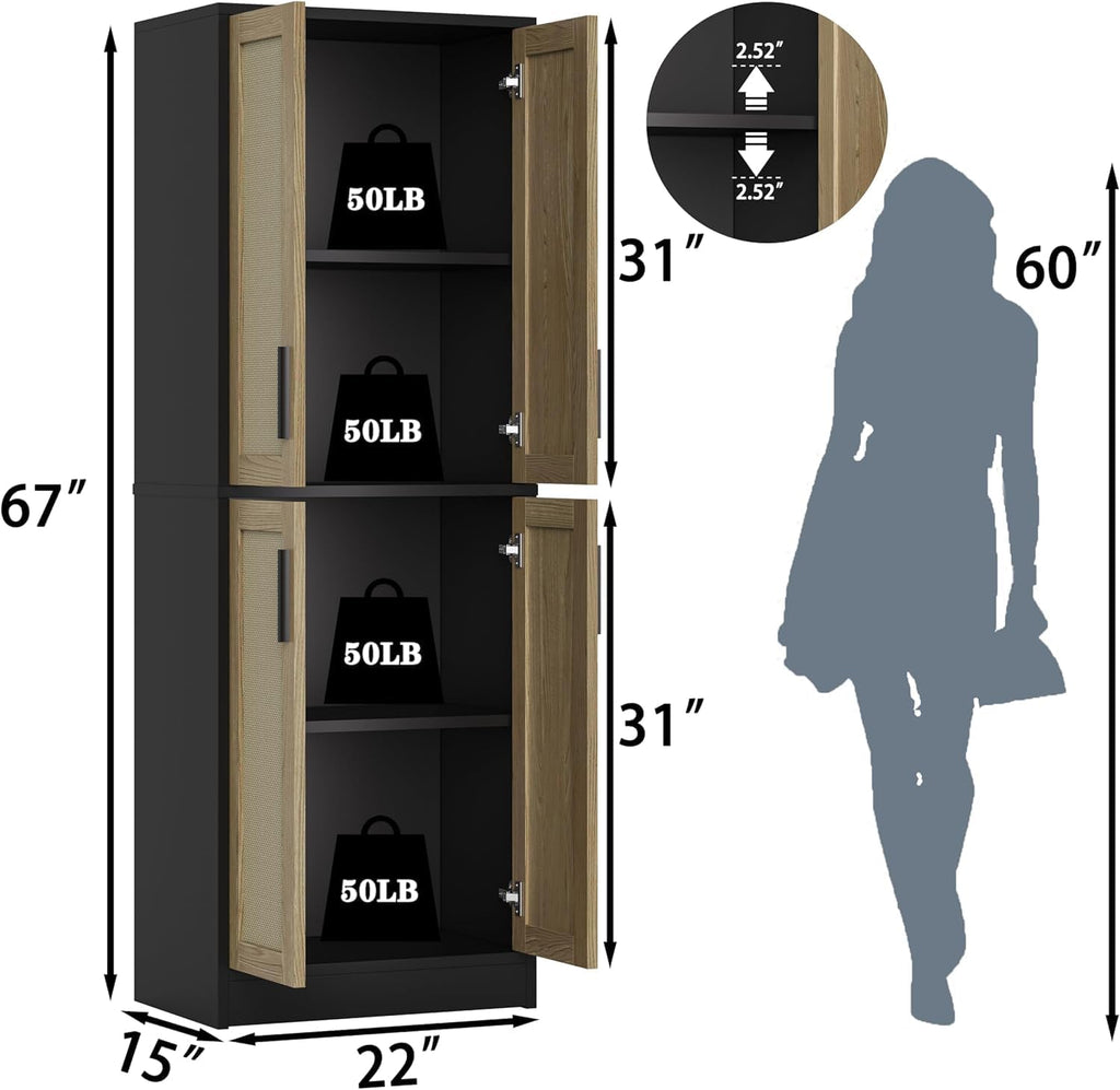 Pantry - Kitchen Pantry Cabinet with 4 Doors and Adjustable Shelves, Tall Black Cabinet Freestanding Storage Cupboard for Dining Room Living Room, Laundry, Bathroom (Black and Natural)