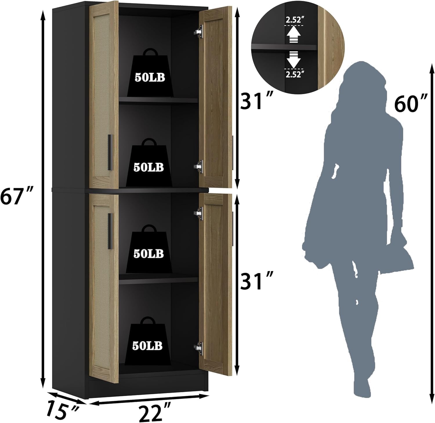 Pantry - Kitchen Pantry Cabinet with 4 Doors and Adjustable Shelves, Tall Black Cabinet Freestanding Storage Cupboard for Dining Room Living Room, Laundry, Bathroom (Black and Natural)