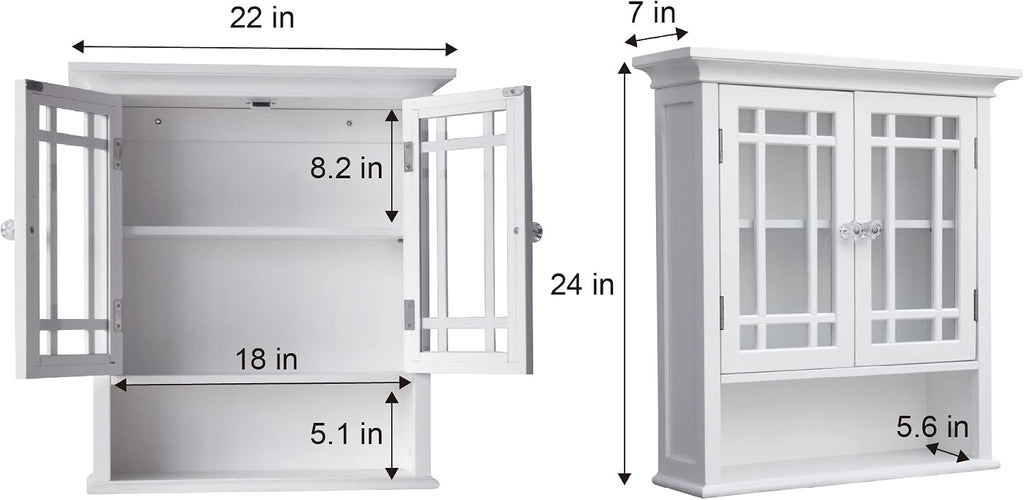 Teamson Home Neal Wooden Over The Toilet Bathroom Removable Wall Medicine Cabinet with 1 Fixed and 1 Adjustable Shelf 3 Storage Spaces 2 Glass Mosaic Doors and Crystal-Cut Acrylic Knobs, White