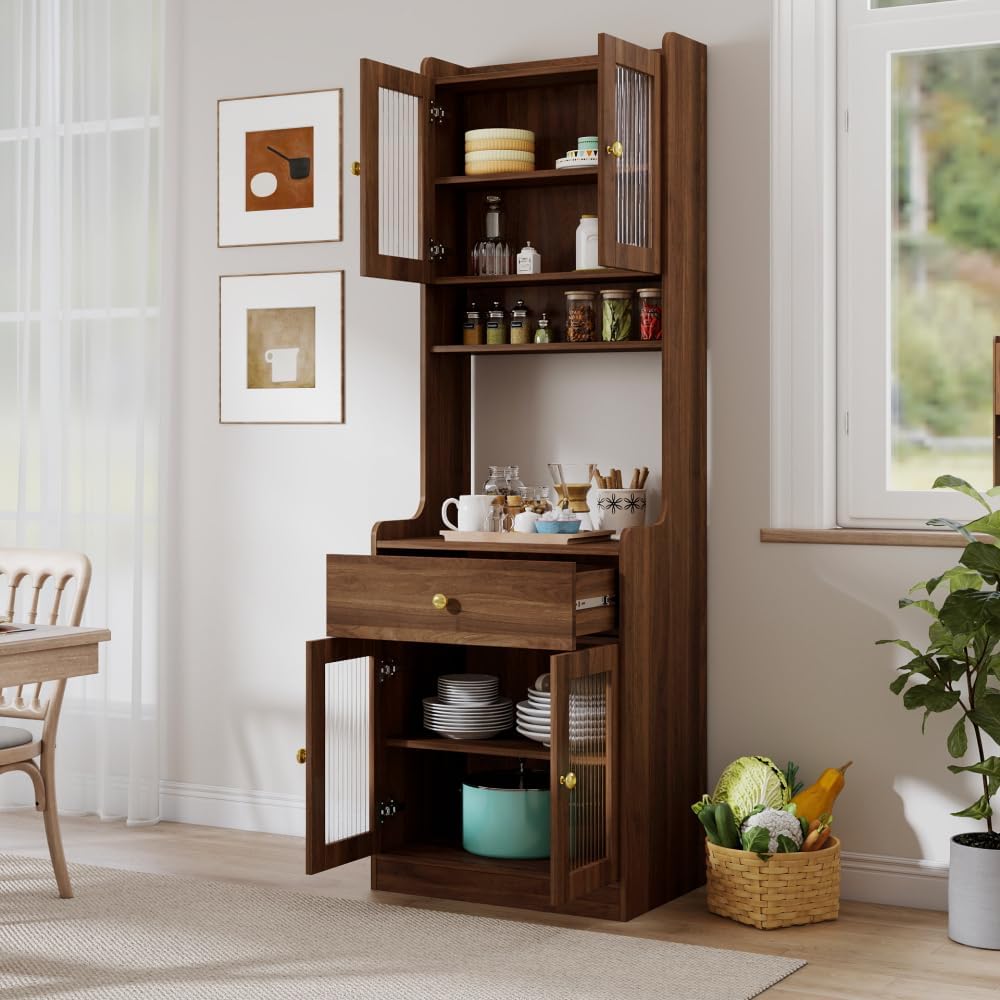 23.6' W Walnut Kitchen Pantry Hutch - Freestanding Storage Cabinet 2 Cabinets 1 Drawer with Microwave Stand for Kitchen Coffee Bar