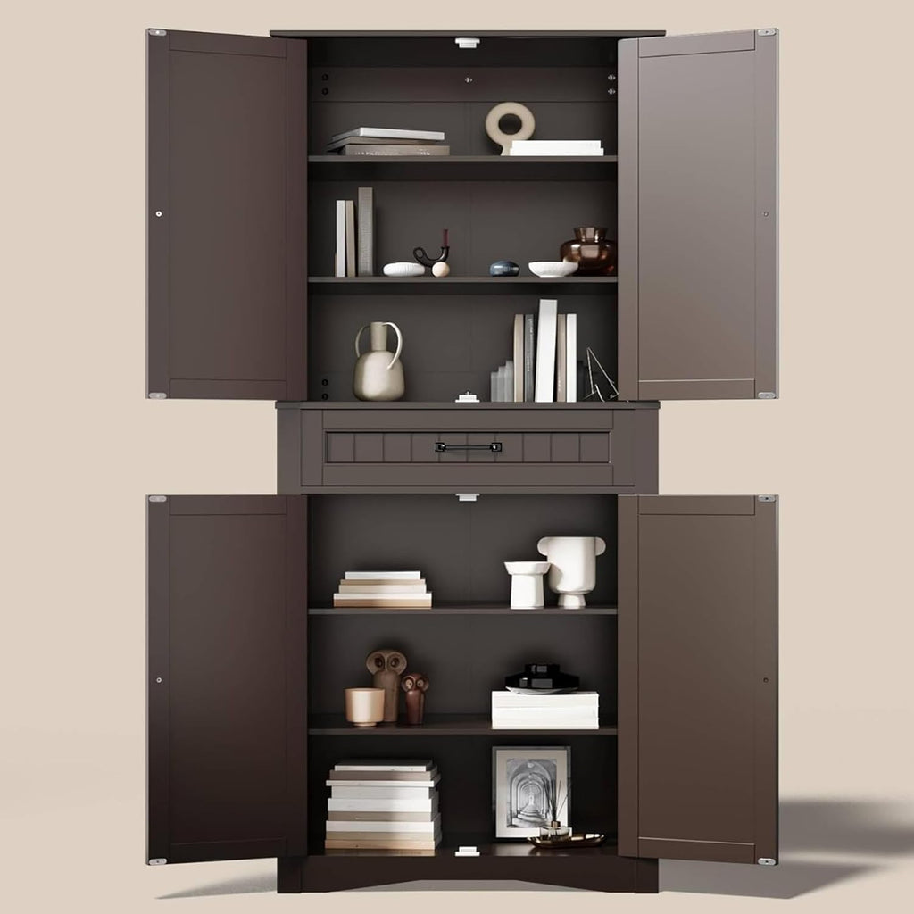 Gizoon 71'' Kitchen Pantry Storage Cabinet, Freestanding Pantry Organizers and Storage Cabinet with 4 Doors and 4 Adjustable Shelves, Tall Cabinet with Large Drawer for Kitchen, Living Room, Bathroom