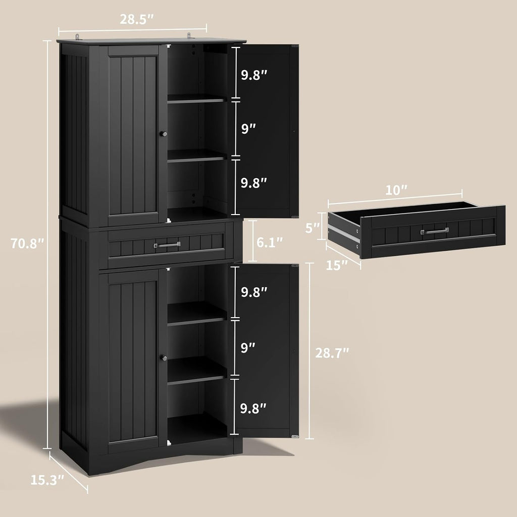 Gizoon 71'' Kitchen Pantry Storage Cabinet, Freestanding Pantry Organizers and Storage Cabinet with 4 Doors and 4 Adjustable Shelves, Tall Cabinet with Large Drawer for Kitchen, Living Room, Bathroom