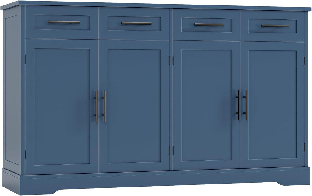 HOSTACK 60' Large Buffet Sideboard with Storage, 36' Tall Kitchen Buffet Storage Cabinet with 4 Drawers, Modern Coffee Bar Cabinet with Black Handles, Long Sideboard Buffet Table for Kichen, Blue