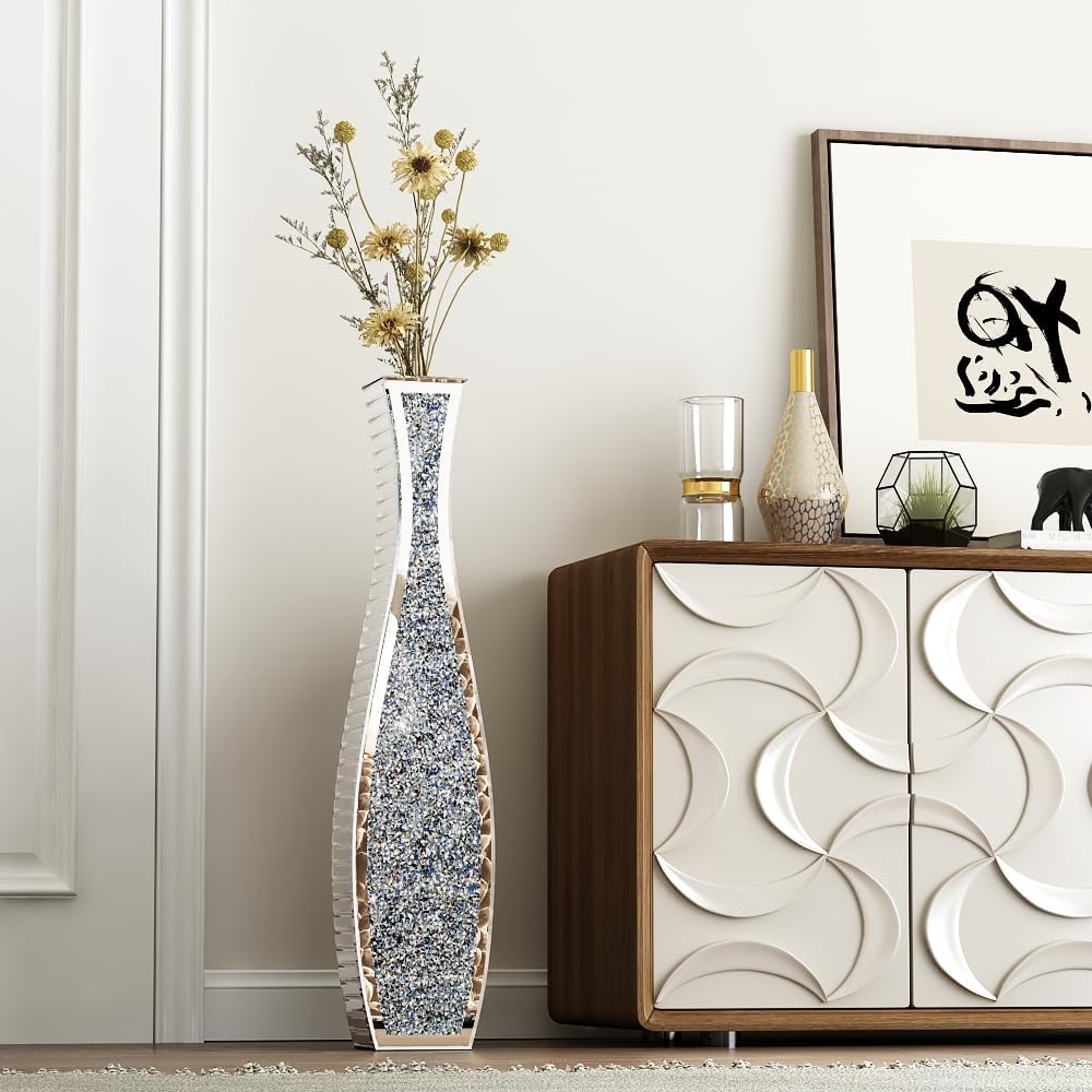 SHYFOY 36' Tall Crushed Diamond Floor Vase Silver Mirrored Tall Vases for Floor Large Crystal Decorative Glass Standing Vase Luxury for Home Decor Living Room Office Bedroom Kitchen