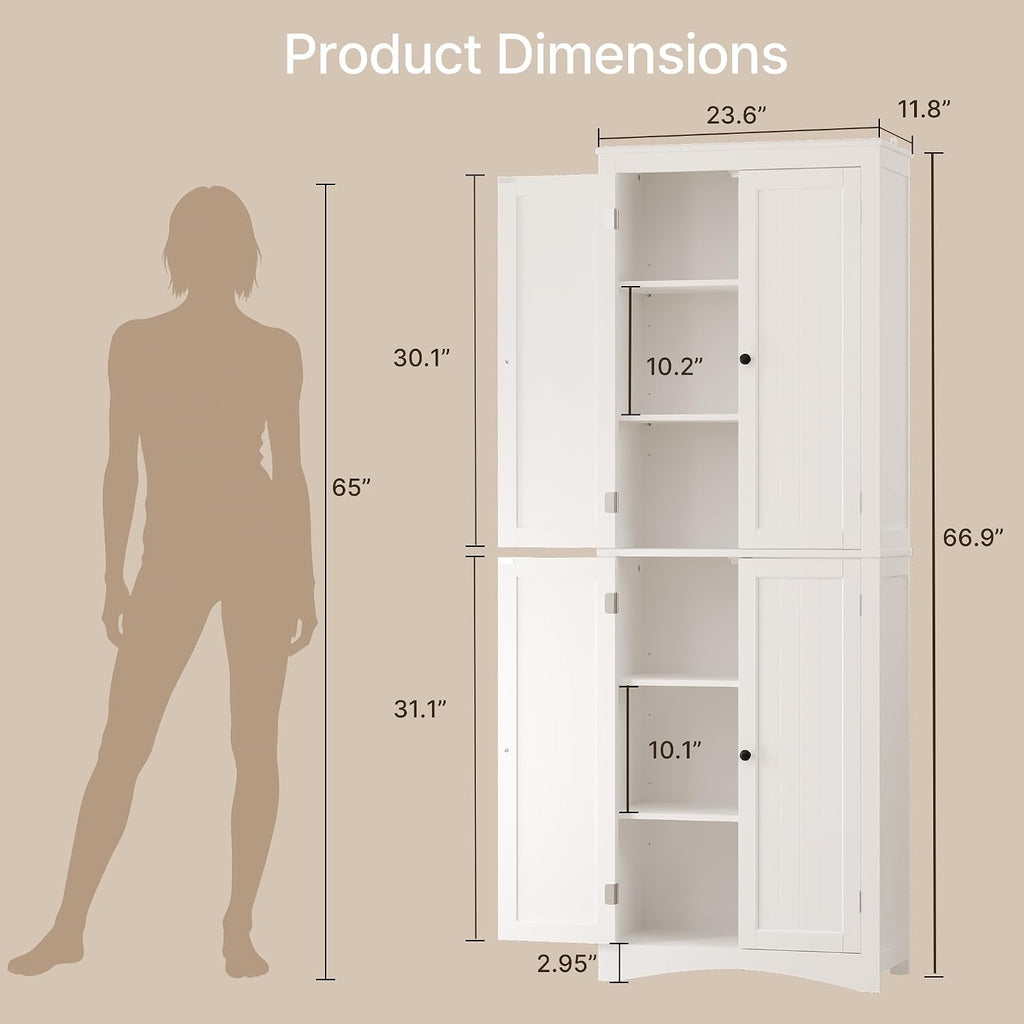 Gizoon Tall Bathroom Storage Cabinet with Adjustable Shelves, 67' H Freestanding Storage Unit with 4 Magnetic Doors, Kitchen Pantry Cabinet for Dining Room, Living Room, White