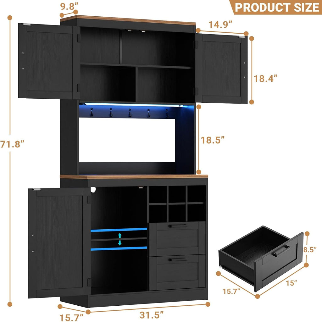 Unikito 72' Tall Kitchen Pantry Cabinet with LED Light & Outlet, Kitchen Hutch Coffee Bar with Microwave Stand, Wine Rack, Drawers and Storage Shelves, Cupboard for Dining Room, Black and Rustic