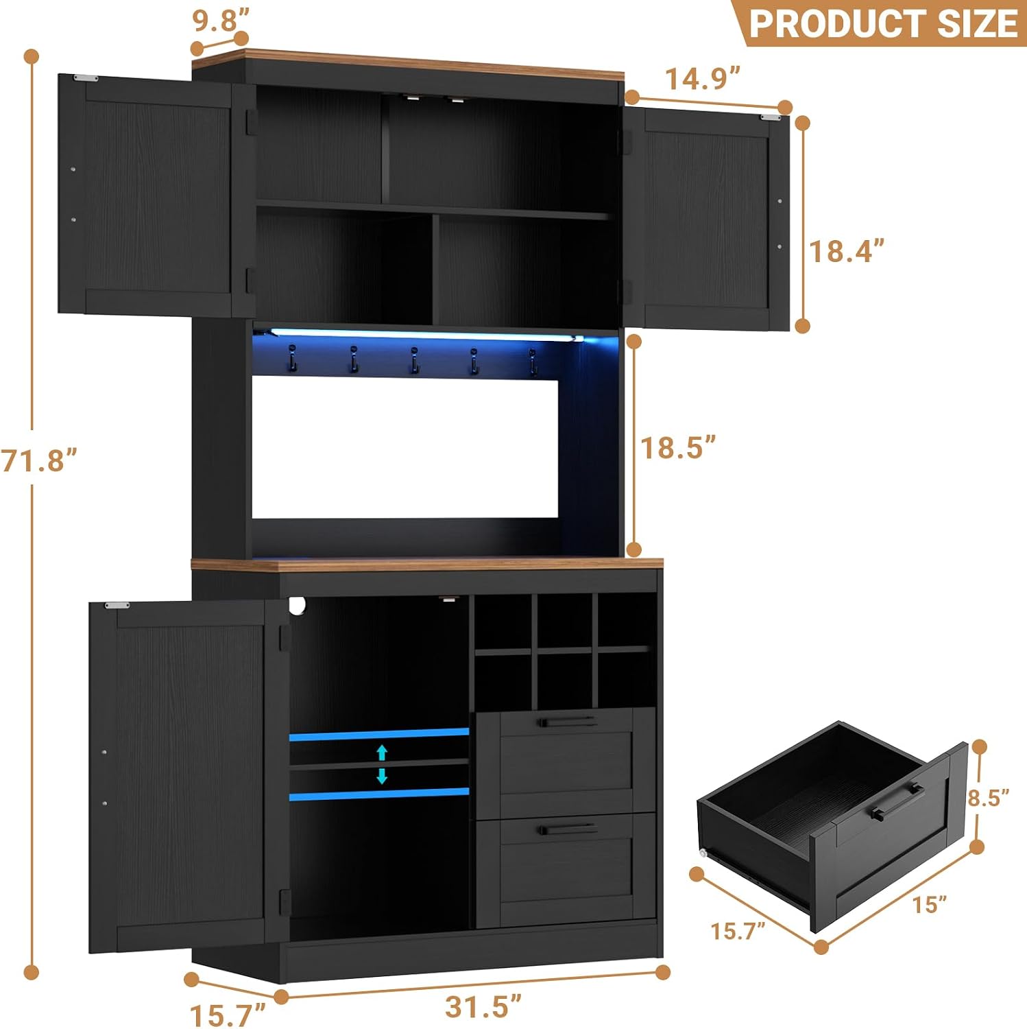 Unikito 72' Tall Kitchen Pantry Cabinet with LED Light & Outlet, Kitchen Hutch Coffee Bar with Microwave Stand, Wine Rack, Drawers and Storage Shelves, Cupboard for Dining Room, Black and Rustic