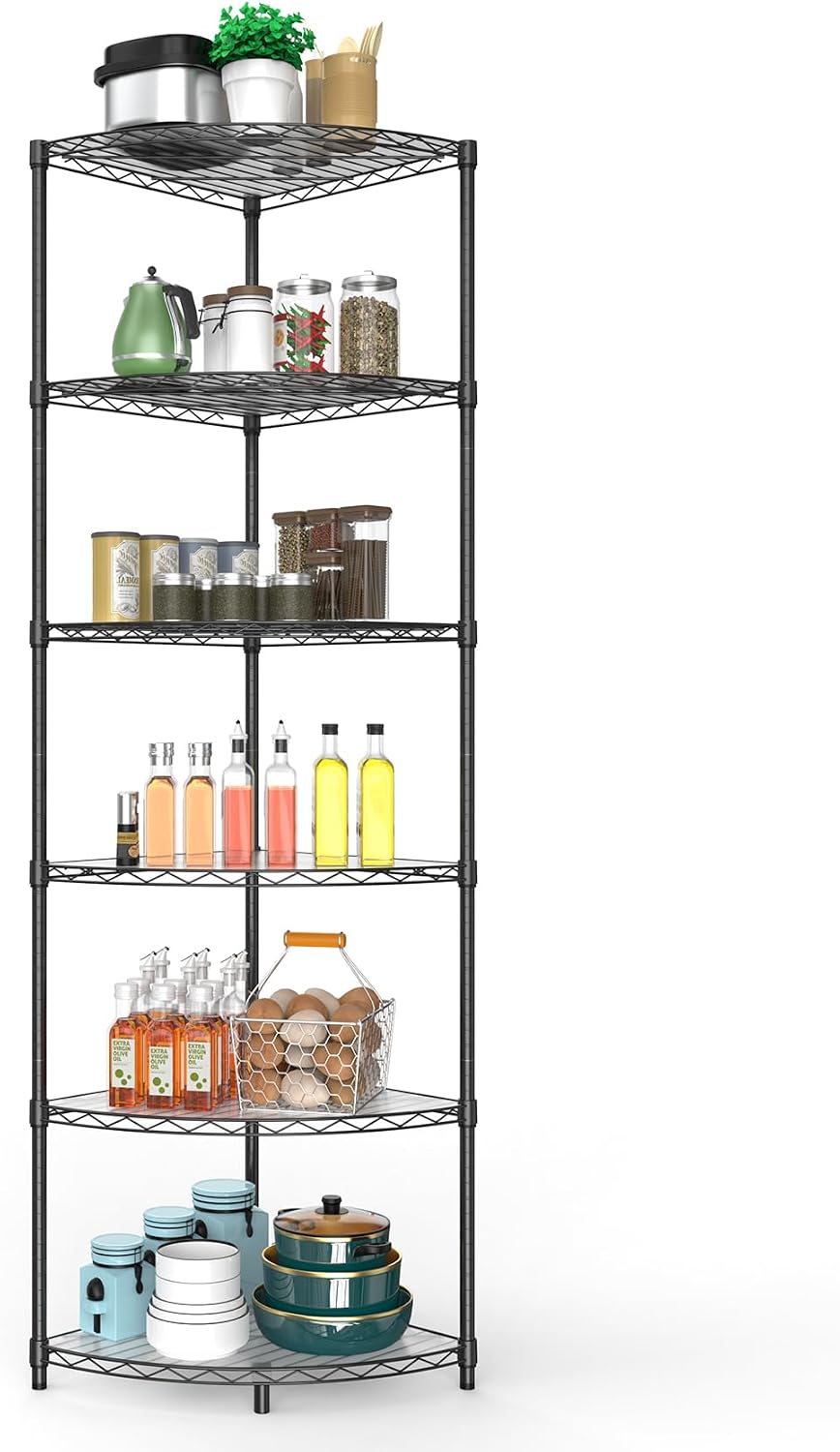 6 Tier NSF Corner Wire Shelf Shelving Unit, 18 x 18 x 72 Inch 420lbs Capacity Heavy Duty Adjustable Metal Storage Rack with Leveling Feet & Shelf Liners for Office Kitchen Bathroom and More - Black