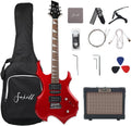 Fojill Heavy Metal Cool Electric Guitar Kit Set Beginner Starter Combo Package Bundle Battery Power Bluetooth 10W Amplifier Amp Accessory Gig Bag,Picks, Cable,Strap,Strings(FCGK-60, Metallic Red)