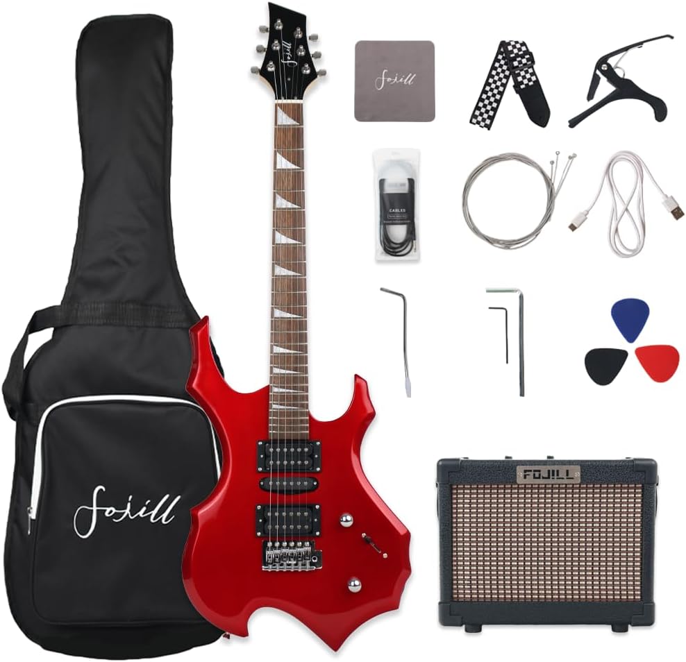 Fojill Heavy Metal Cool Electric Guitar Kit Set Beginner Starter Combo Package Bundle Battery Power Bluetooth 10W Amplifier Amp Accessory Gig Bag,Picks, Cable,Strap,Strings(FCGK-60, Metallic Red)