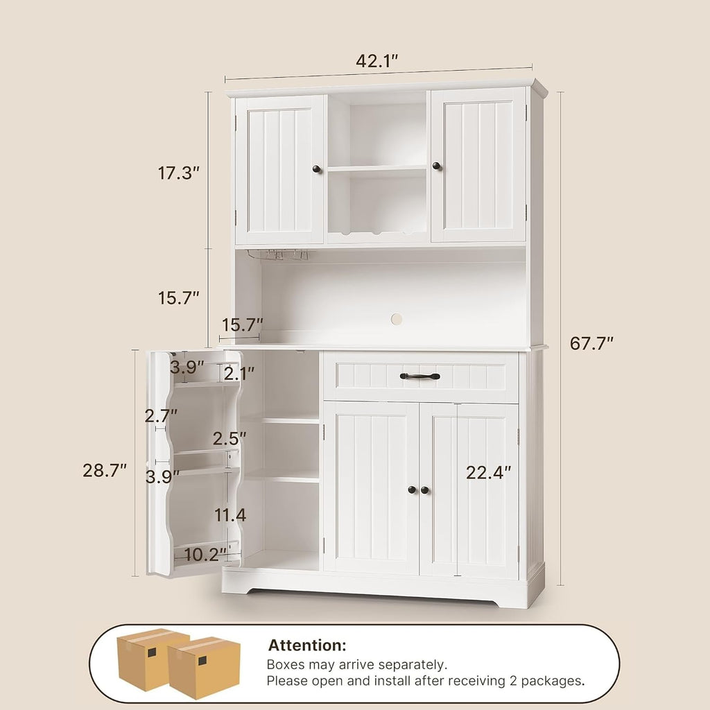 Gizoon Tall Kitchen Storage Cabinet with Door and Shelves, 67' Kitchen Pantry Cabinet Large Coffee Bar Hutch with Storage for Dining Room, Painted White