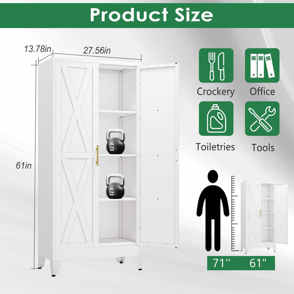 61' Kitchen Pantry Cabinet, Metal Storage Cabinet with 2 Doors and 3 Adjustable Shelves, White Food Pantry Cupboard for Kitchen, Dining Room, Living Room and Bathroom (White)