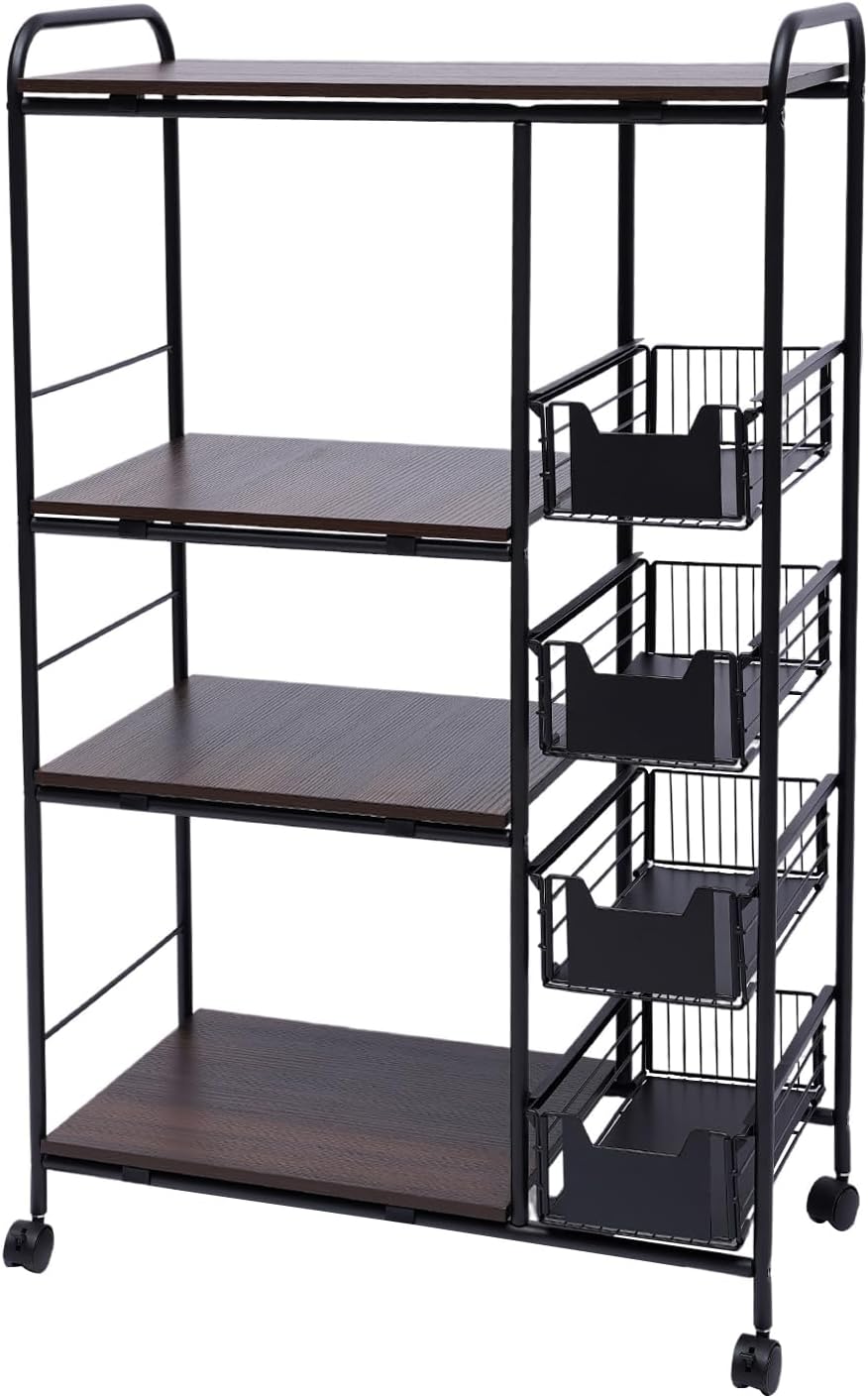 Kitchen Bakers Rack w/4 Push-Pull Drawers, 100lbs Bearing Microwave Oven Stand Cart, 27.9' L X 13.7' W X 45.2' H Kitchen Storage Shelf for Kitchen, Living Room, Bedroom