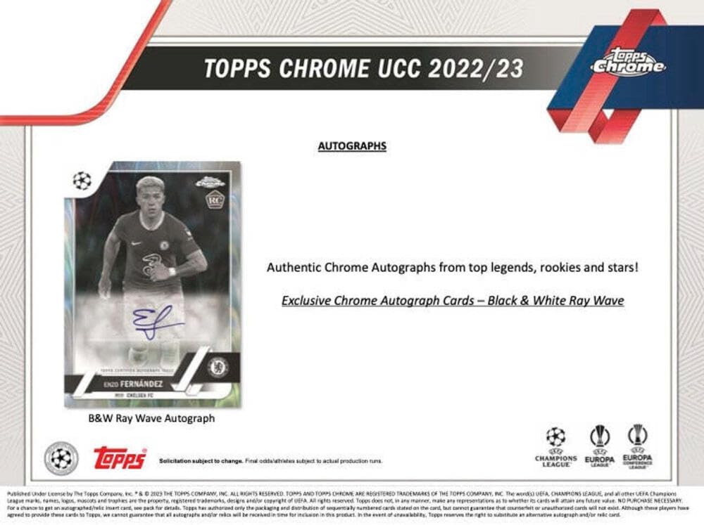 2022-23 Topps Chrome UEFA Champions League Soccer Factory Sealed Hobby Lite Box 16 Packs of 4 Cards. 4 Black and White Raywave Parallels Per Box. See Scans to see details on the Amazing Hits that are Possible.