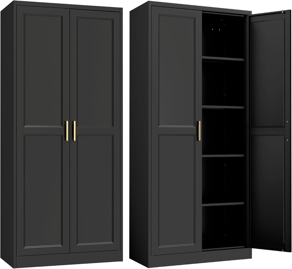 SteeLoong Kitchen Pantry Cabinet,71'Black Metal Pantry Storage Cabinet with Doors and 4 Adjustable Shelves,Kitchen Cabinet with 2 Gold Handles,Tall Cabinet for Livingroom,Pantry, Bathroom