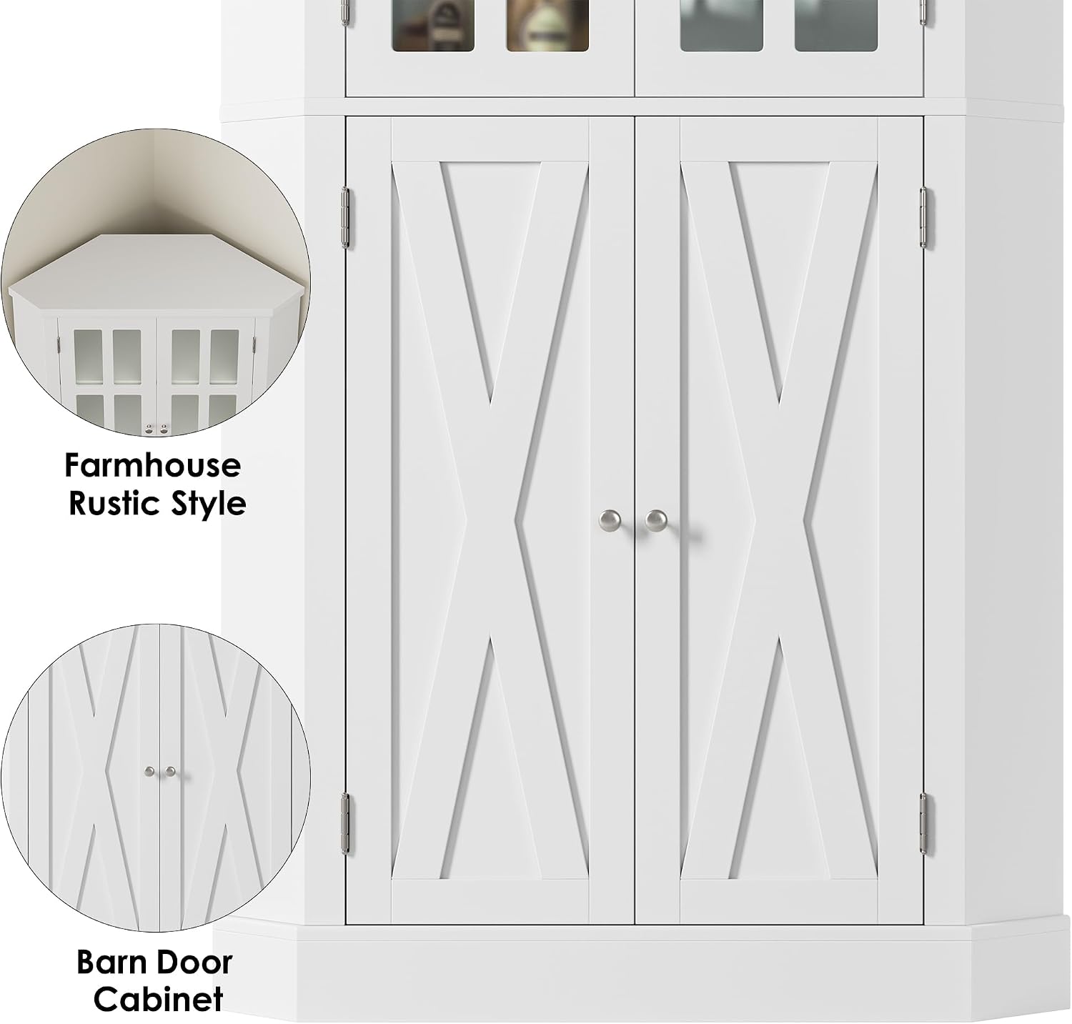 BOTLOG 67' Corner Cabinet, Corner Kitchen Pantry with Doors, Farmhouse Kitchen Cabinet with 6 Storage Shelves, Space Saver for Bathroom, Living Dining Room, White