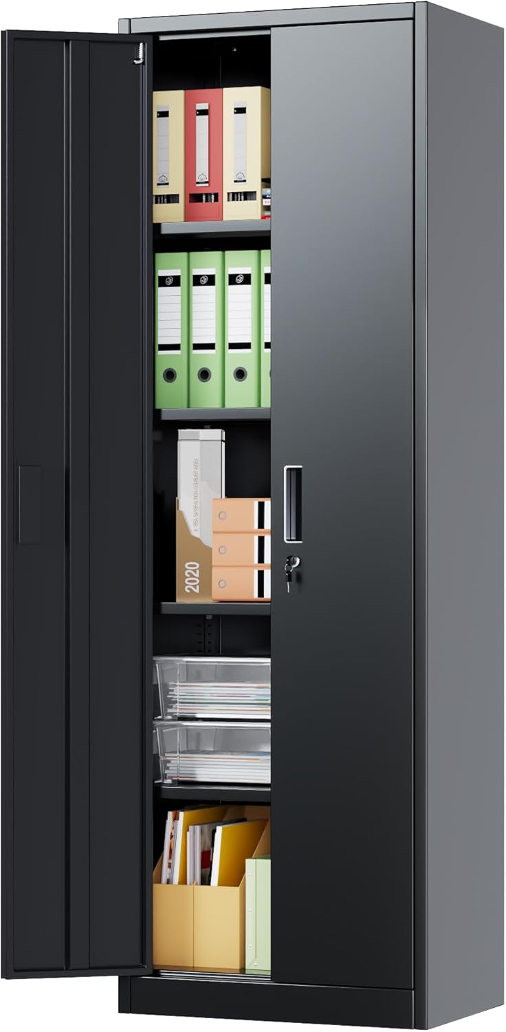 Narrow Metal Garage Storage Cabinet, Lockable Narrow Steel Storage Cabinet with 4 Adjustable Shelves for Garage, Office, Home, Assembly Required, Black, 15.75' D × 23.62' W × 70.87' H