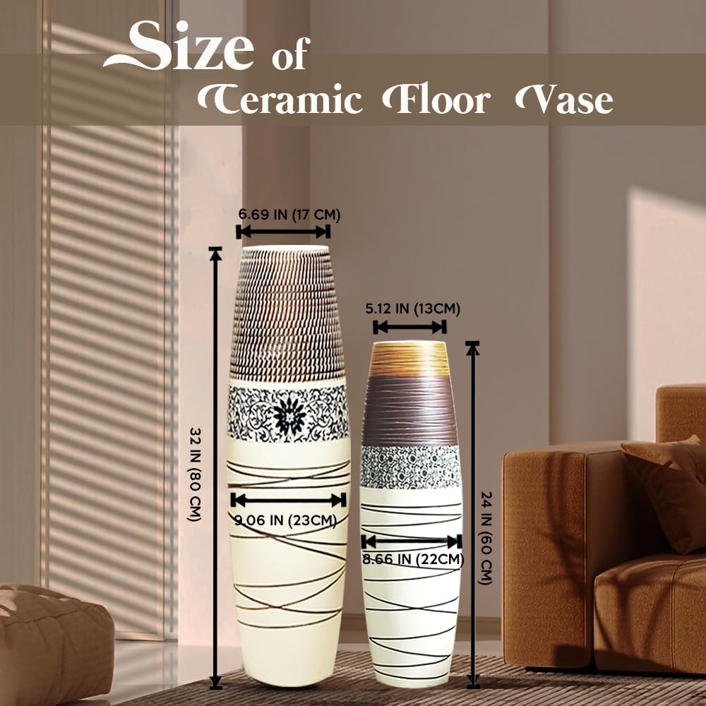 Tall Floor Vase 32 inches, Thick Ceramic Large Rustic Vases for Home Decor Living Room, Boho Textured Decorative Vases Wide Mouth Opening Corner Vase for Flowers Stems