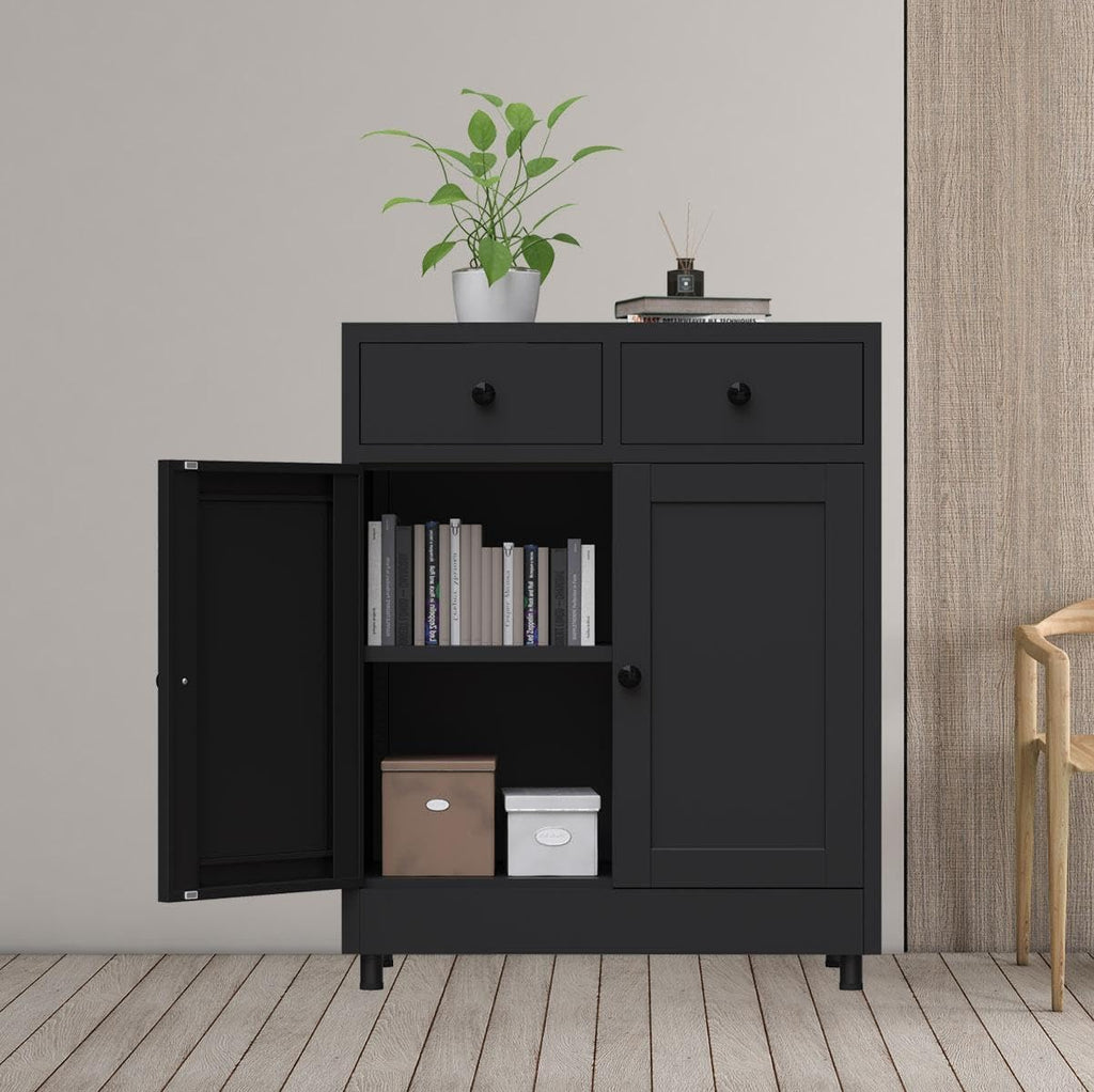 Metal Storage Cabinet with 2 Drawers and Adjustable Shelf, Sideboard Buffet Cabinet for Home, Office, Hallway, Entryway, Living Room, Kitchen Pantry and Dining Room (Black)