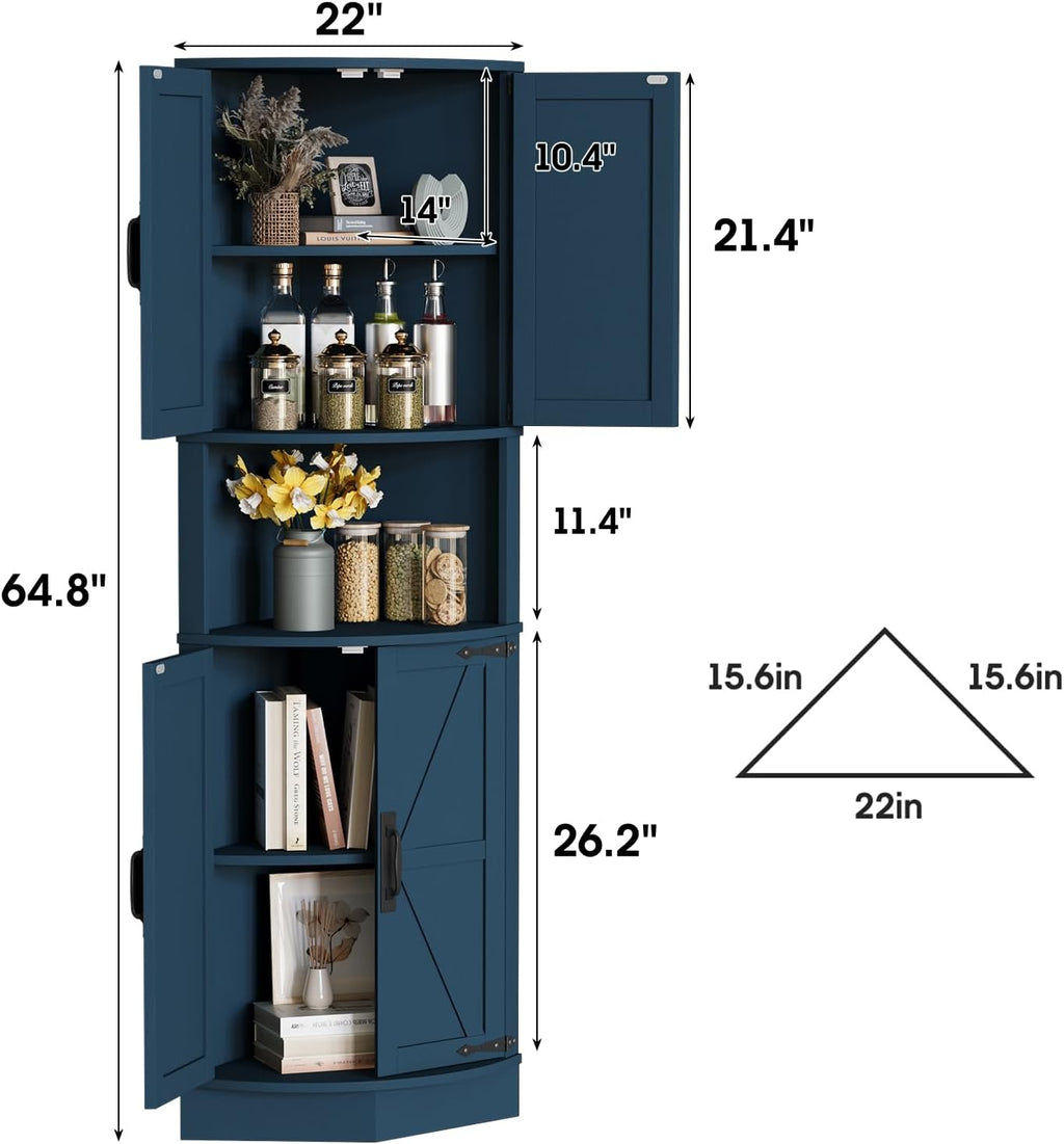 Vabches 64.8' Tall Farmhouse Corner Cabinet with 4 Doors and 5 Storage Shelves, Farmhouse Storage Cabinet with Barn Door Design, Home Space Saver for Living Room, Kitchen, Laundry Room,Blue