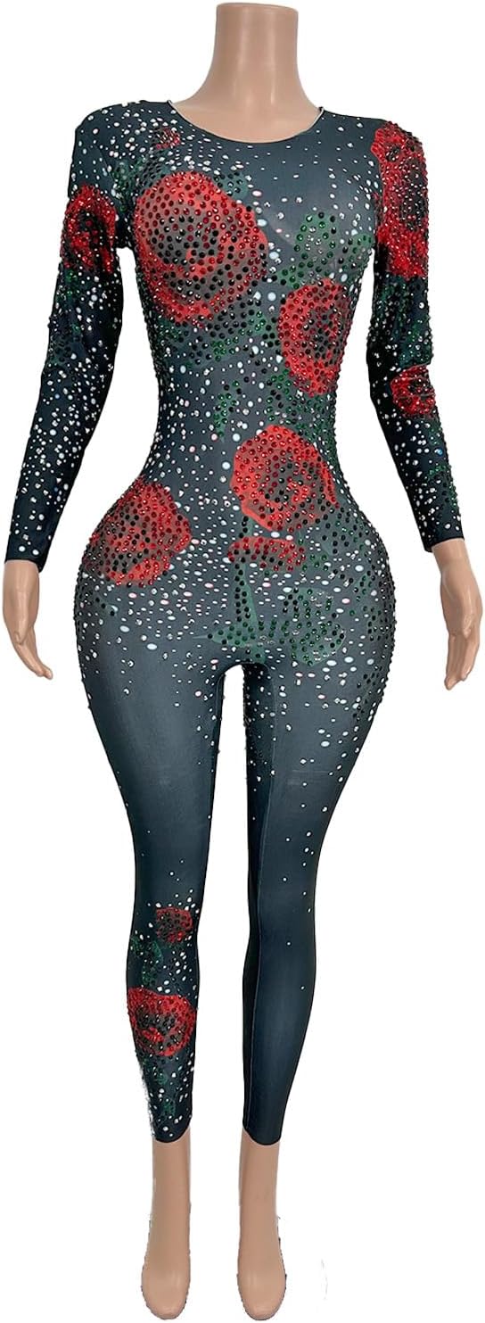 Women Nightclub Diamond Slim Fit Jumpsuits Romantic Rose Pattern Rompers Birthday Party Singer Dancer Stage Clothes