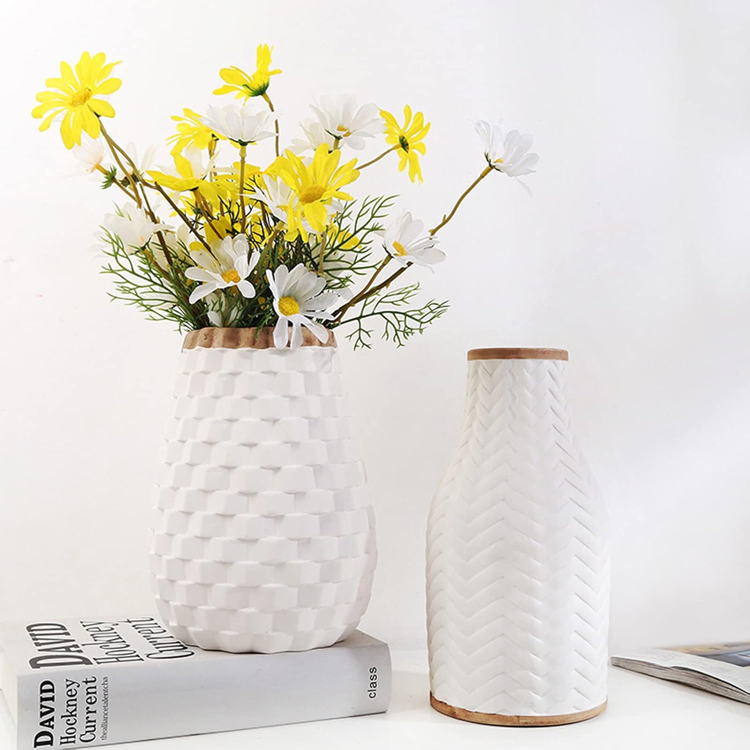 White Vase Set of 2, Ceramic Vase for Pampas Grass, Flower Vase for Living Room Bedroom Home Decor Accessories,White