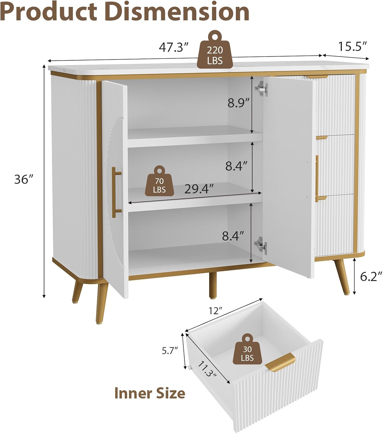 47.3' Modern Buffet Cabinet with Storage, Kitchen Sideboard Buffet with 2 Door & 3 Drawers, Fluted Caffee Bar Storage Cabinet for Dining Room, Living Room, Entryway, White