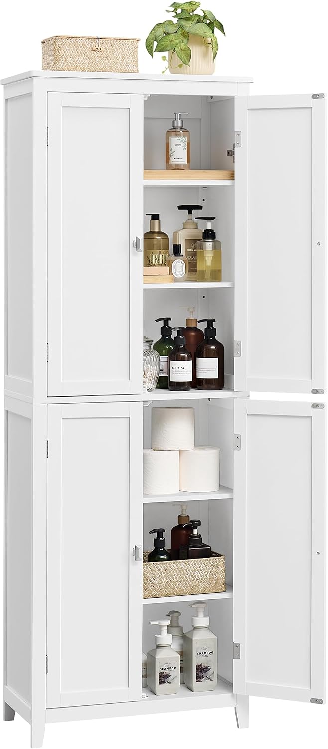 VASAGLE Floor Storage Cabinet, Freestanding Storage Unit with 4 Doors, Adjustable Shelves, 11.8 x 23.6 x 66.9 Inches, for Entryway, Bathroom, Cloud White UBBC550W01